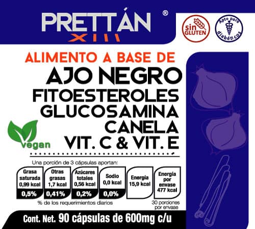 Etiqueta Información nutrimental Ajo negro, Glucosamina, Canela, Antioxidantes, Glucosamina, Fitoesteroles, Vitamina C, Vitamina E, Antioxidantes