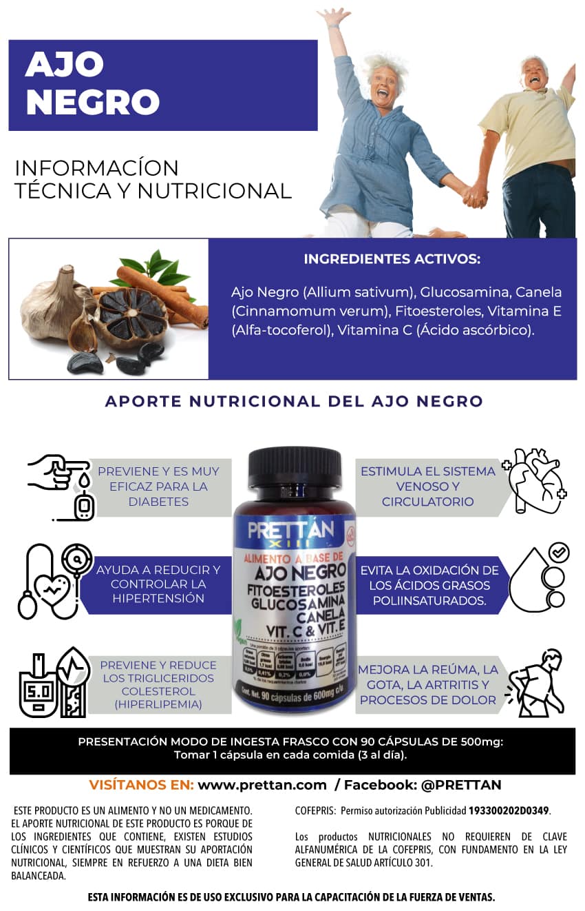 Infografía Información nutrimental Ajo negro, Glucosamina, Canela, Antioxidantes, Glucosamina, Fitoesteroles, Vitamina C, Vitamina E, Antioxidantes